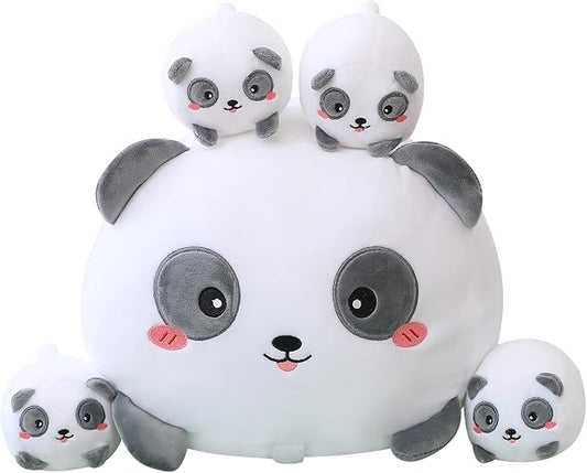 SQEQE Panda Mommy Stuffed Animal with 4 Baby Pandas, Super Soft Cartoon Hugging Toy Gifts for Girls Boys Birthday