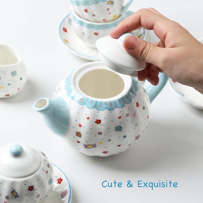Sweejar Porcelain Tea Set for Little Girls,Kitchen Toys Tea Party Set for Kids Toddler Kitchen Pretend Toy Include Children Teapot, Cup & Saucer Set of 4, Sugar Bowl and Cream Pitcher(Sweet)