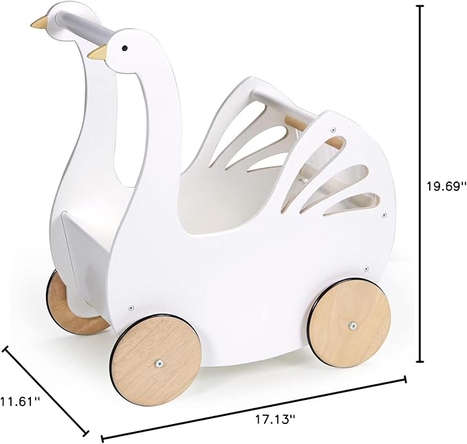 Tender Leaf Toys - Sweet Swan Pram - Wooden Swan Shape Dolls Stroller - Inspired Role-Play Toy for Boys and Girls, Improve Gross Motor Skills and Creativity - Age 18m +