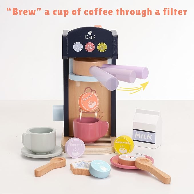 PairPear Kids Coffee Maker Wooden Kitchen Playset, Wooden Toys Play Coffee Maker Set with Play Food for Kids, Toddler Play Kitchen Accessories Gift for Girls and Boys 3+