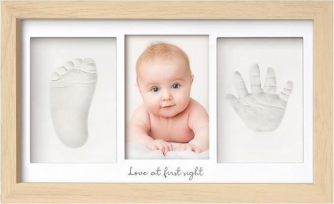 Baby Hand and Footprint Kit - Clay Handprint Keepsake Frame, Newborn Nursery Picture Frame, Personalized New Mom Gifts for Baby Shower & Registry (Ash Wood)