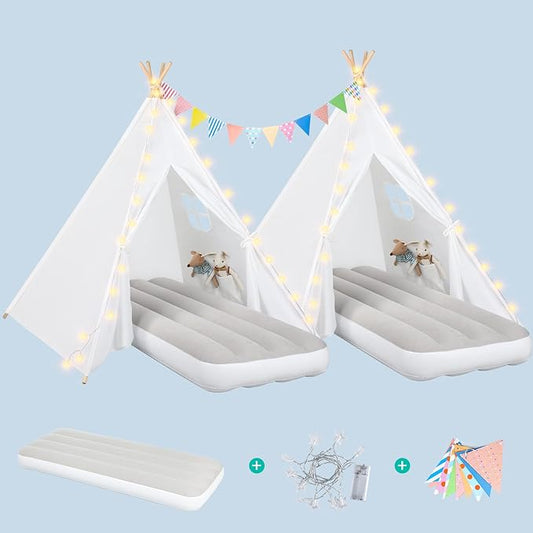 wilwolfer 2 Sets Teepee Tent for Kids with Inflatable Airbed Toddler Play Tent White Foldable Playhouse for Indoor Outdoor Boys Girls Party Sleepover Slumber Gifts Toy