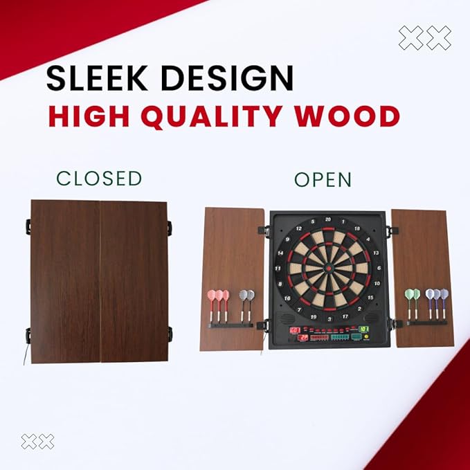 Dartboard Professional Electronic Dart Board with LED Digital Scoreboard, Wooden MDF Cabinet, 27 Games, 202 Variations, Includes 16 Soft Tip Darts & 16 Replacement Tips, Perfect for Adults Game Room