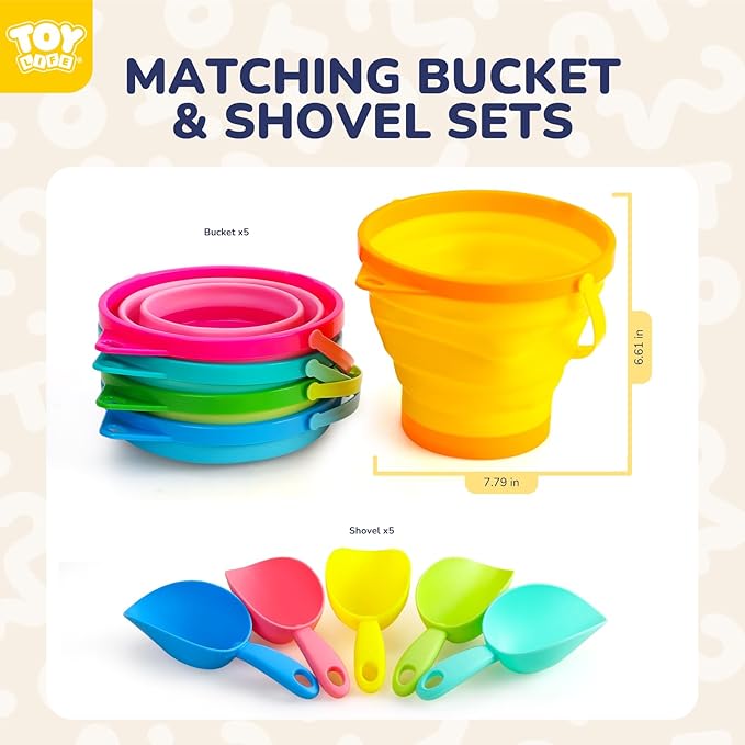 TOY Life Beach Toys for Kids Ages 4-8 Collapsible Sand Toys Toddlers with Silicone Bucket Shovels & Sand Castle Building Kit Molds, Sandbox Toy Travel, Beach Party, Fishing, Summer Activities