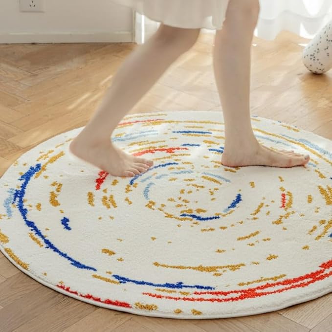 Poowe Kid Play Rug Round Boho Play Mat Soft Alphabet Educational Area Rug Nonslip Circle Baby Crawling Mat for Boys Girls Floor Carpet for Kids Playroom Nursery Decor-Round 47.2"(Dream Line)