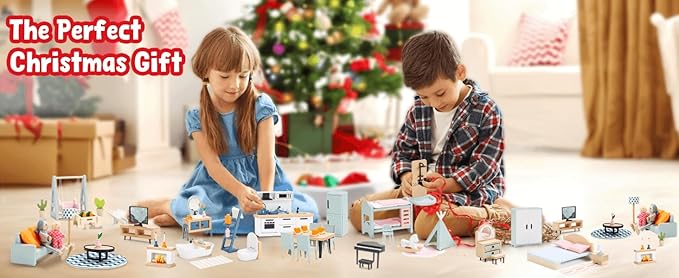 Giant bean 24 PCS Wooden Plastic Dollhouse Furniture Set, Bathroom and Bedroom Set, Wood Dollhouse Accessories Pretend Play Furniture Toys for Boys Girls & Toddlers