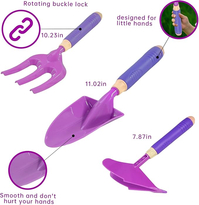 16Pcs Kids Gardening Tools Outdoor Toys Set Backyard Play with 93 PCS DIY Flower Garden Building Preschool Activities (Purple)