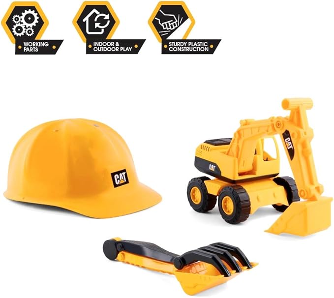 CAT Construction Toys, Excavator Sand Set Outdoor Toys - 10” CAT Toy Dumps Truck & Loader, Hard Hat, Shovel, Rake - Pretend Play, Ages 2+