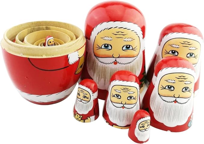 Winterworm Cute Creative Santa Claus's Bringing Kinds of Gifts to You Pattern Handmade Wooden Matryoshka Dolls Russian Nesting Dolls Set 7 Pieces for Kids Toy Birthday Home Decoration