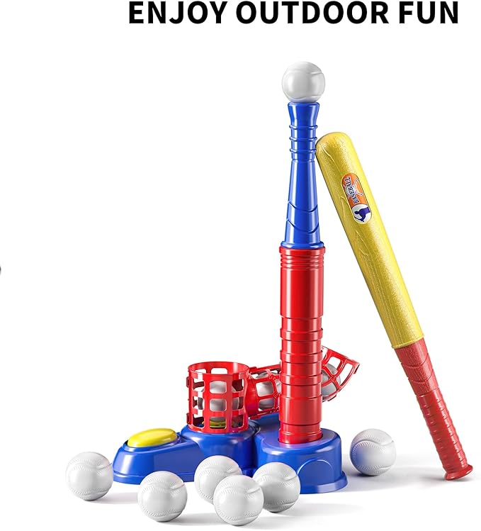 TEMI 2 in 1 Tee Ball Set for Kids 3-8, Kids Baseball T-Ball Set with 10 Balls, Step on Pitching Machine, Batting Tee, Outdoor Sport Toy Games for 3-12 Year Old Boys Girls Toddler