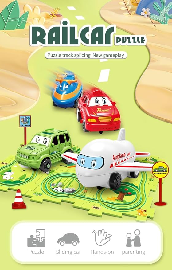 4 Sets 4in1 Puzzle Racer Kids Car Track Set,4 Theme Jigsaw Puzzle Racer Car Track Set Puzzle Track Car Play Set Puzzle Raceway Car Track Preschool Gifts for Kids Christmas Birthday Gift for Boys Girls