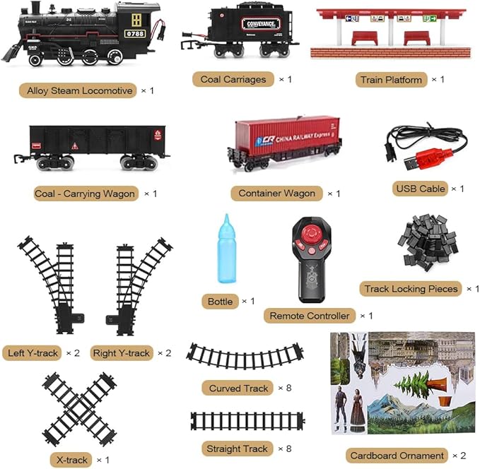 Electric Alloy Train Set for Kids Ages 4-8, Remote Control Metal Christmas Train Sets for Around The Tree, Trains Railway Kits w/Realistic Smoke,Sounds & Lights, Birthday Toys Gift for Boys Girls