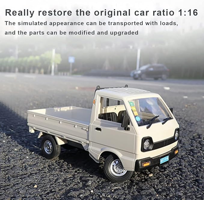 WPL D12 1/16 RC Truck for Adult, 2.4GHz Mini Truck Remote Control Drift Pickup Off Road Vehicle, 130 Motor Rear Drive 20KM/H Cargo Car with Led Light - 3 Battery