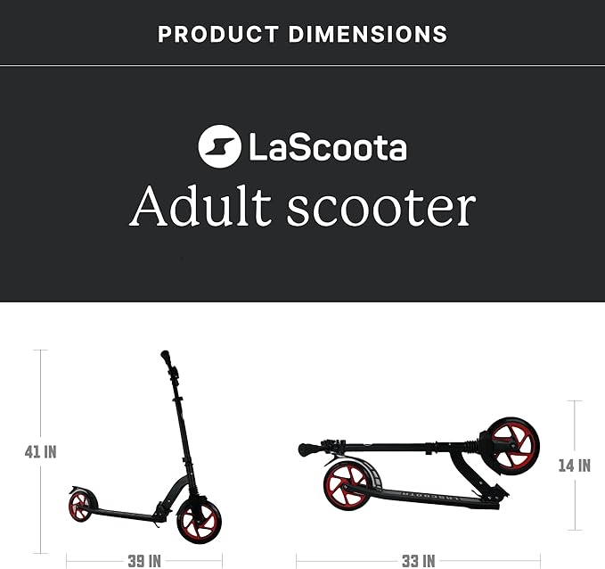 LaScoota Kick Scooter for Kids Ages 6+, Teens & Adults, Large 8" Sturdy Urethane Wheels. Adjustable Handlebar, Lightweight, Foldable, 220lbs Max Load