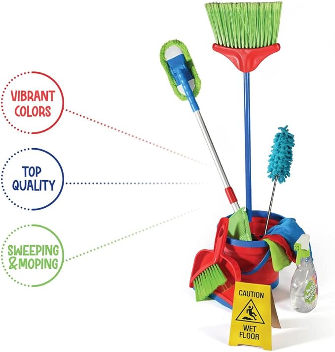 Play22 Kids Cleaning Set 12 Piece - Toy Cleaning Set Includes Broom, Mop, Brush, Dust Pan, Duster, Sponge, Clothes, Spray, Bucket, Caution Sign, - Toy Kitchen Toddler Cleaning Set - Original