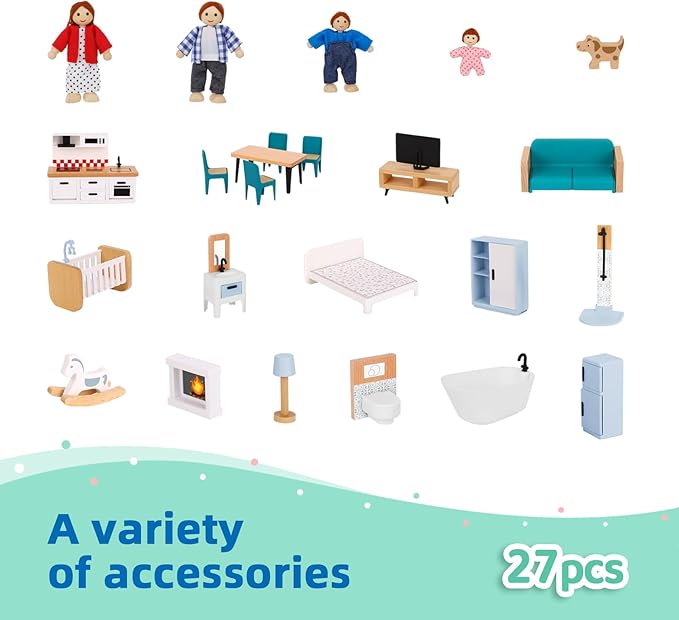Wooden Dollhouse for Kids, Doll House with Simulated Luxury Furniture Set, Dollhouse Playset for Girls Toddlers (Including 4 Family Dolls and a Dog)