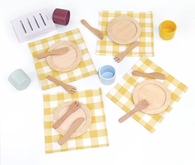 Wooden Toy Plates and Dishes Set,Play Kitchen Cutlery and Plate Set,21Piece Kids Kitchen Playset Accessories for Toddlers Boys Girls Ages 3+