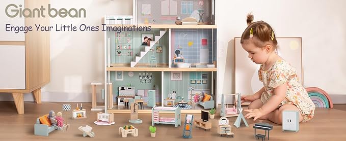 Giant bean 24 PCS Wooden Plastic Dollhouse Furniture Set, Bathroom and Bedroom Set, Wood Dollhouse Accessories Pretend Play Furniture Toys for Boys Girls & Toddlers