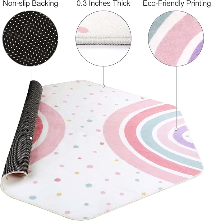 STARUIA Pink Rainbow Hexagon Kids Rug - 55"x47" Washable, Non-Slip, Ultra Soft Play Carpet for Playroom, Bedroom, Classroom, Dorm