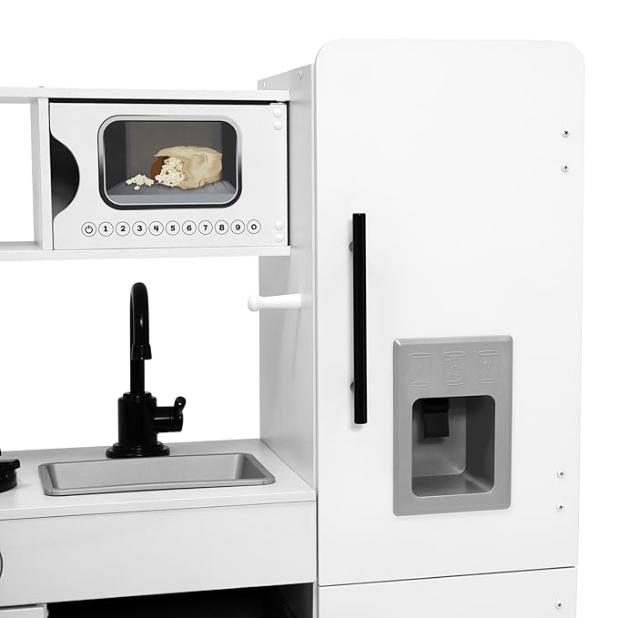 Delta Children Deluxe Modern Kitchen - Toy Kitchen Playset with Realistic Knobs That Turn/Click, Oven, Sink and Fridge/Freezer with Ice Maker, White