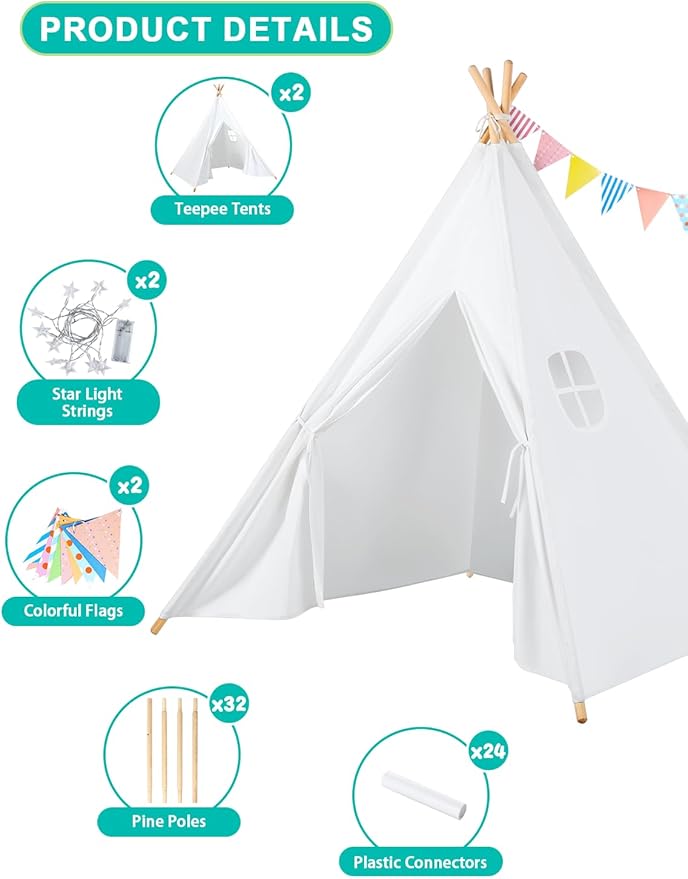 Teepee Tent for Kids Slumber Party 2 Pack: Star Lights & Colored Flag - Indoor Outdoor Toddler Play Tent for Girls Boys Birthday Gifts Sleepover Party (White)