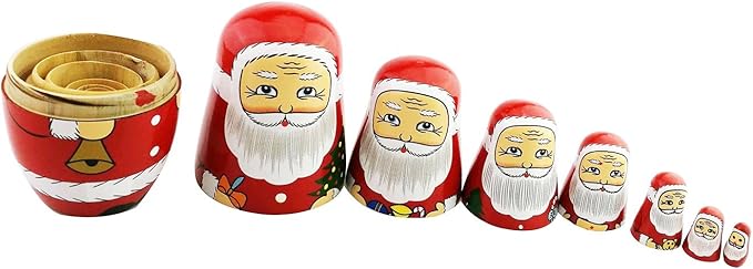 Winterworm Cute Creative Santa Claus's Bringing Kinds of Gifts to You Pattern Handmade Wooden Matryoshka Dolls Russian Nesting Dolls Set 7 Pieces for Kids Toy Birthday Home Decoration