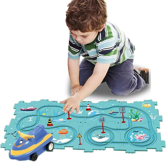 4 Year Old Boy Birthday Gift, Puzzle Racer Kids Car Track Set Puzzle Racer Car Track Set with Roadmap Puzzle Track Car Play Set Toys for 4 Year Old Boys (B-Ocean, set2-15PCS)