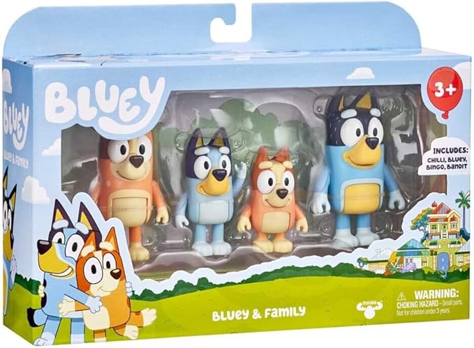 Bluey Family Figure 4-Pack – Includes Bluey, Bingo, Mum (Chilli) & Dad (Bandit), Poseable Collectible Toys for Kids, Durable Cake Toppers, for Toddlers & Fans, Ages 3+