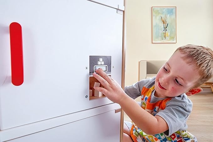 Hape Gourmet Kitchen Wooden Fridge | Cabinet Style Refrigerator Fridge Freezer with Ice Dispenser