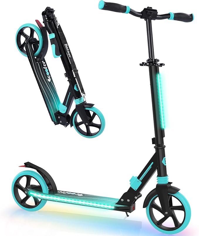 BELEEV V8 Scooters for Kids Ages 6+ with Light-Up Deck, 2 Wheel Folding Scooter for Adults Teens, 4 Adjustable Height, Lightweight Sport Commuter Scooter, Sturdy Frame, Max Load 220 lbs