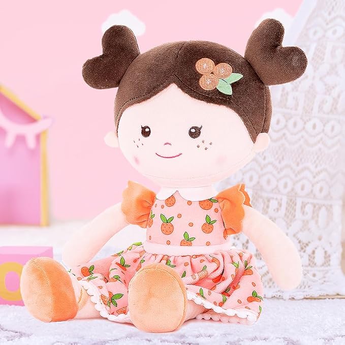 Onetoo Baby Soft Dolls Girls First Baby Doll Sleeping Cuddle Buddy Dolls Plush Rag Doll for Girls Wear Orang Dress 14"