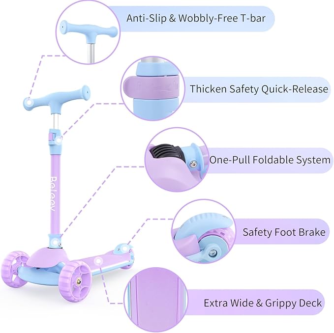 BELEEV A9 Kids Scooter with LED Light-Up Wheels & Deck, 3 Wheel Folding Scooter for Toddlers Girls Boys Ages 3-12, Adjustable Handlebar, Lean to Steer, Extra-Wide Wheels, Kick Scooter for Children