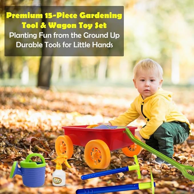 Dimple Garden Wagon & Tools Toy Set Premium 15 Pcs Kids Gardening Tools & Wagon Toy Set - Sturdy & Durable - Top Yd, Beach, Sand, Garden Play Set - Great for Kids & Toddlers
