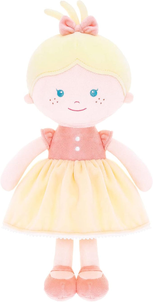 Onetoo Soft Baby Doll for Girls - Plush Rag Doll Sleeping Cuddle Buddy - Yellow Dress, 14"