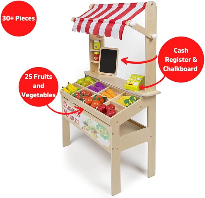Wooden Farmers Market Stand Toy- 30+ Food PCs Include Fruit Veggies Chalkboard & Cash Register- Pretend Role Play, Fun Indoor Natural Wood Grocery Set- Playroom Daycare Activity Center- Kids Gift