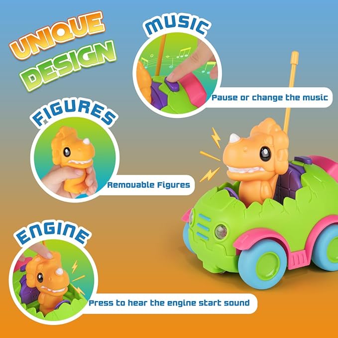 Nueplay Remote Control Car for Toddler Age 2 3 4 5, Electric RC Toys with Light & Music, Toddler Dinosaur Toys, Dino Figures Truck Race Vehicles, Christmas Birthday Gift for Boys & Girls
