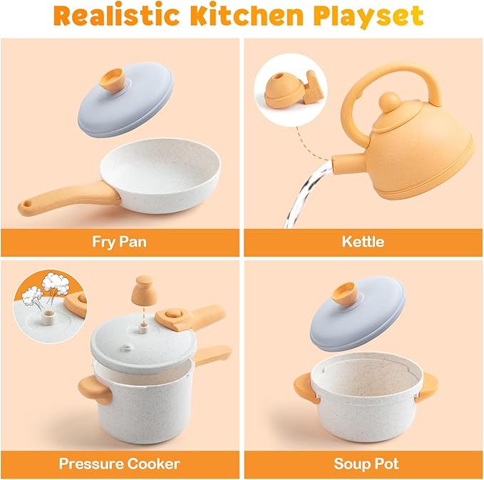 Kids Play Kitchen Accessories, 44PCS Toddler Pretend Play Cooking Playset with Cookware Pots, Pans, Cooking Utensils, Gas Stove with Sound & Light, Cuttable Toy Food Sets, Learning Gift for Girls Boys