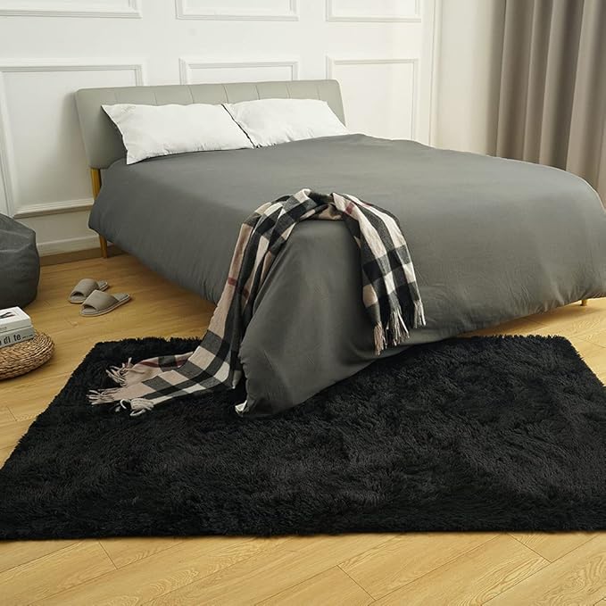 Amearea Premium Soft Fluffy Rug Modern Shag Carpet, 8x10 Feet, Fuzzy Shaggy Rugs for Bedroom Living Room Teen Apartment Decor, Comfortable Indoor Furry Dorm Carpets, Black