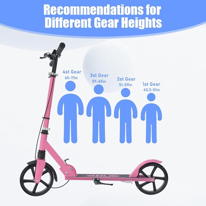 Dual-Brake Shock-Absorbing Kick Scooter, Anti-Skid PU Wheels, 4 Height-Adjustable Positions, Wider Pedals, Suitable for Children Over 6 Years Old, Teenagers & Adults