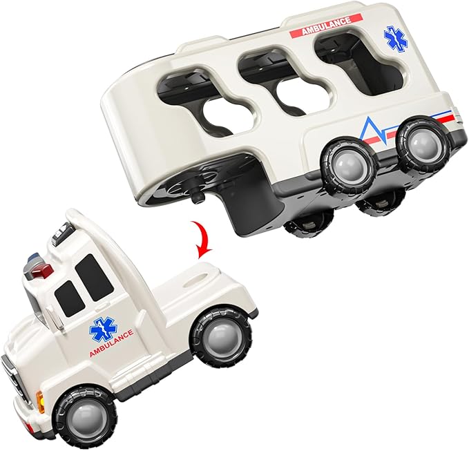 TEMI 5 Pack Ambulance Vehicle Toddler Truck Toys for 3 4 5 6 Year Old Boys, Friction Powered Cars with Toy Helicopter, Police Car, Fire Truck, Ambulance Car, Birthday Gifts for Girls Age 3-9