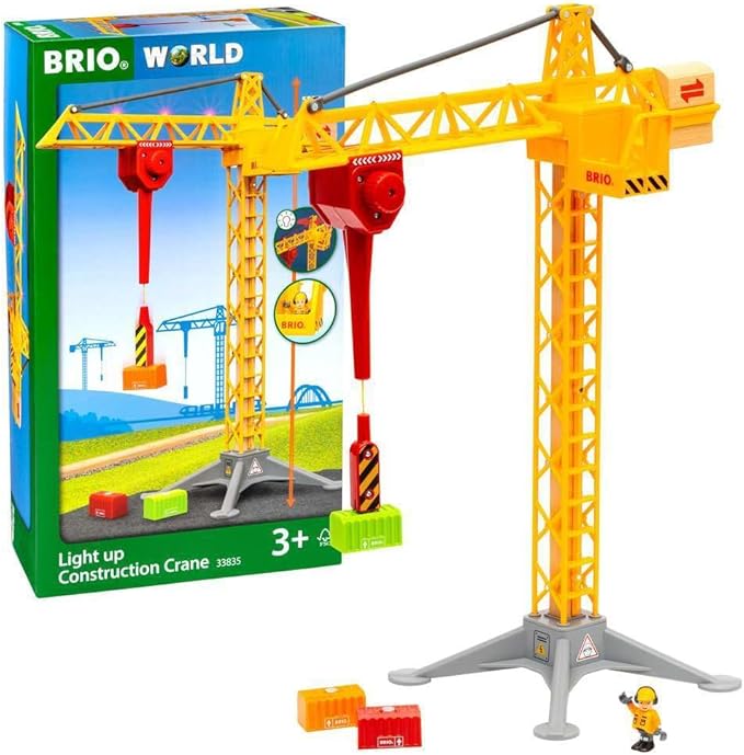 BRIO 33835 Construction Crane with Lights | Premium Wooden Toy Train Set | Ideal for Kids Age 3 and Up | Built with Sustainable Materials | Yellow