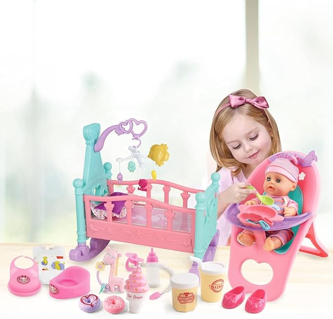 deAO 12” Baby Doll Play Set with Crib, Mobile, High Chair Feeding Accessories, Interactive Dolls for Girls Kids Pretend Play Baby Dolls 21 PCS