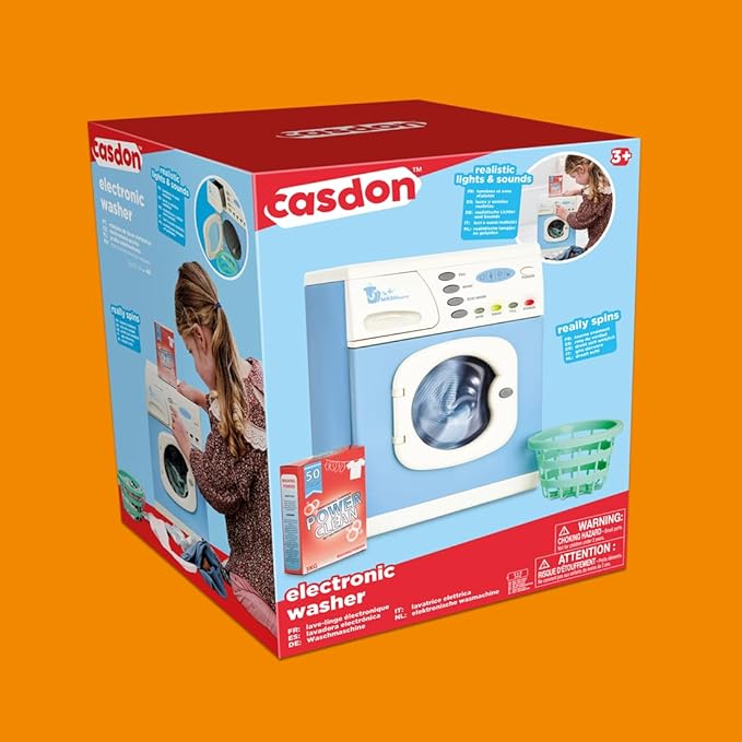 Casdon Blue Electronic Washer - Toy Washing Machine with Spinning Drum, Lights, & Sound Effects - Includes Laundry Basket & Washing Powder Box - Playset for Children Aged 3+
