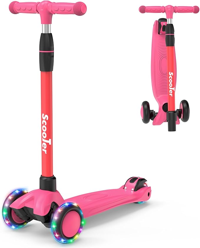 Kids Scooter,LED Lighted Wheels and 3 Adjustable Height Handlebars Scotters for Kids 3-12,3 Wheel Toddler Kick Scotter for Boys & Girls up to 132 Lbs.