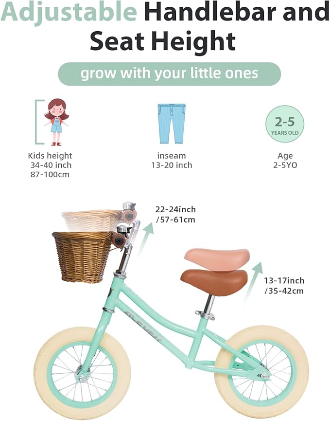 ACEGER 12" Kids Balance Bike with Basket, No Pedal Toddler Bicycle for Early Learning Leg Strength and Steady Balancing, Durable Frame&Tool-Free Adjustable Seat, Gift Bike for 2-5 Kids