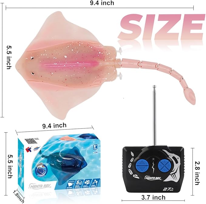 Pool Toys Remote Control Stingray Diving into Water High Simulation Robot Manta ray Lights Rechargeable Battery Remote Control Bathtub Summer Pool Toys Great Gift RC Boat for 8-12 Year Kids Pink