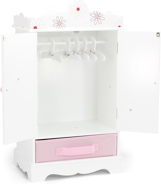 Emily Rose 18 Inch Doll Clothes Wooden Storage Closet Cabinet with 5 Clothing Hangers - Fits 18" American Girl Doll Clothes and Accessories l Miniature Bedroom Armoire Furniture Gift Playset (Floral)
