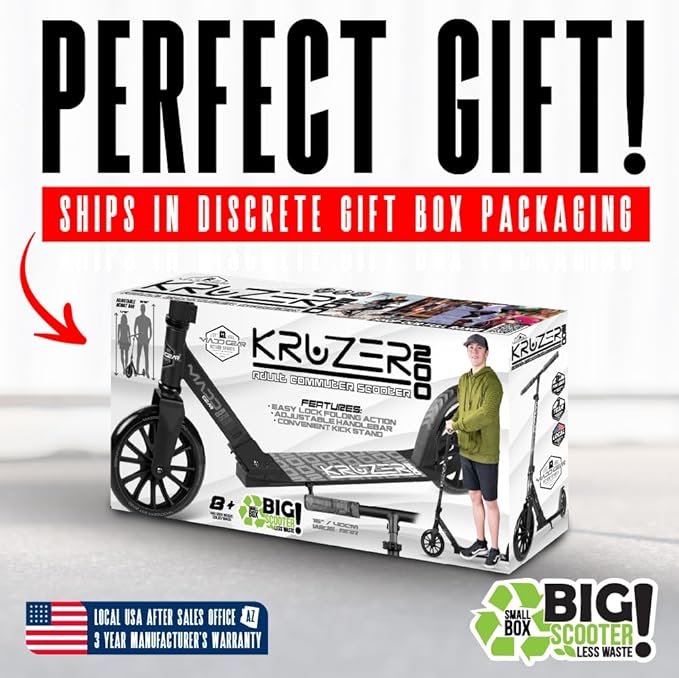 Large Folding Kick Scooter for Adults and Teens – Adjustable Handlebar – Big 200mm Wheels – Lightweight Durable Folding Frame – 220lbs Capacity – Madd Gear Scoot 200