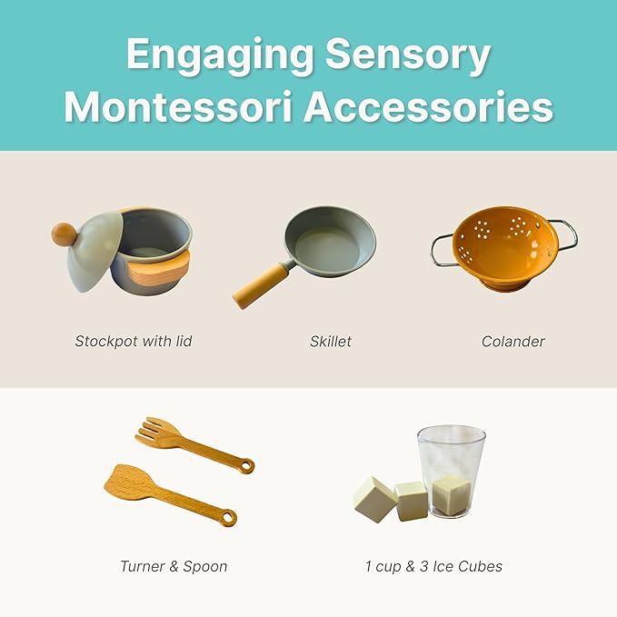 Wooden Play Kitchen for Kids with Working Sink & Faucet Toy – Montessori Sensory Pretend Playset for Toddlers 3-5 – Interactive Kids Kitchen Playset with Lights & Sounds