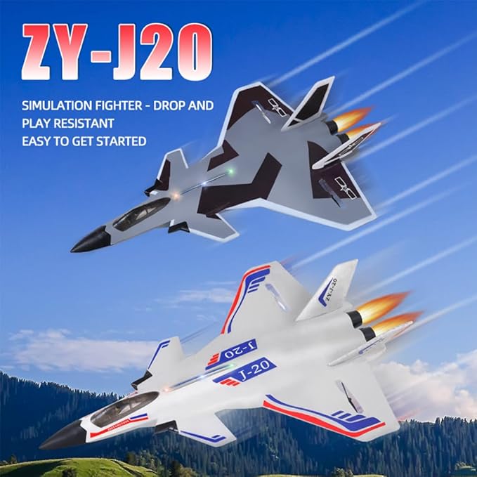 Remote Control Plane RTF J-20 Fire Fang 2.4Ghz 6-axis Gyro RC Airplane with Light Strip, Jet Fighter Toy Gift for Kids Beginner (Stealth White)